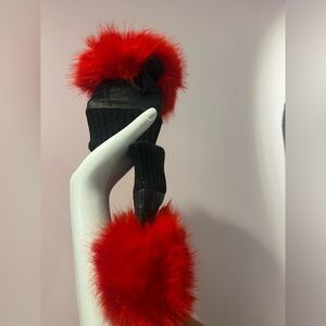 Red and Black Fingerless faux fur Gloves